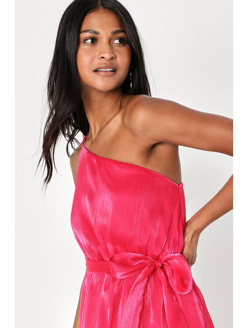 Lulus Sweetest Success Hot Pink Organza Tiered One-Shoulder Midi Dress