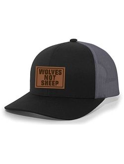 Men's Wolves Not Sheep Patriotic Engraved Leather Patch Mesh Back Trucker Hat, Black/Charcoal