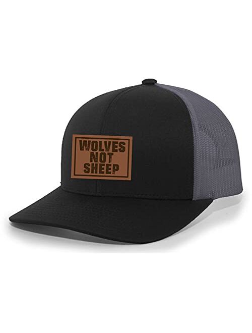 Heritage Pride Men's Wolves Not Sheep Patriotic Engraved Leather Patch Mesh Back Trucker Hat, Black/Charcoal