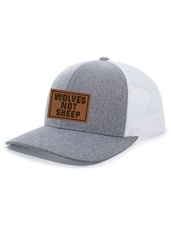 Men's Wolves Not Sheep Patriotic Engraved Leather Patch Mesh Back Trucker Hat, Heather Grey/White