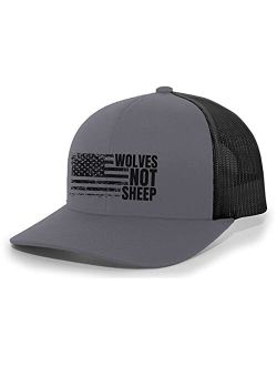 Men's Wolves Not Sheep Patriotic Embroidered American Flag Mesh Back Trucker Hat, Charcoal/Black