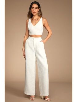Chic and Sophisticated Ivory Tweed Wide-Leg Pants