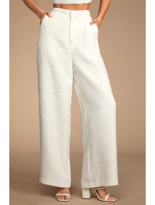 Lulus Chic and Sophisticated Ivory Tweed Wide-Leg Pants