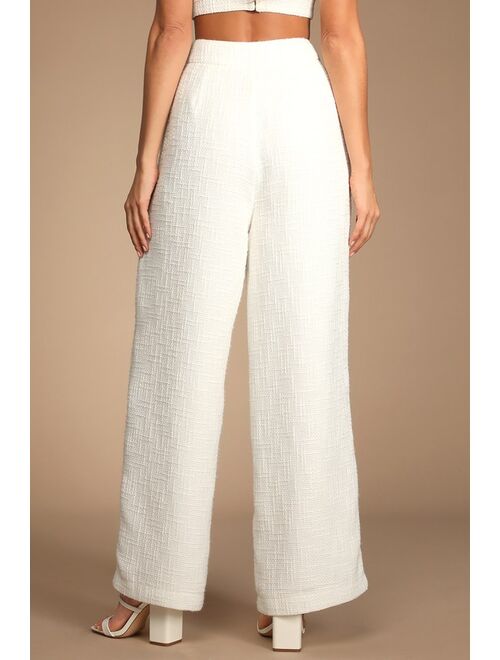 Lulus Chic and Sophisticated Ivory Tweed Wide-Leg Pants