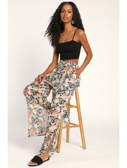 Just Go with the Flow Navy Blue Floral Side Slit Wide-Leg Pants