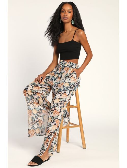 Lulus Just Go with the Flow Navy Blue Floral Side Slit Wide-Leg Pants