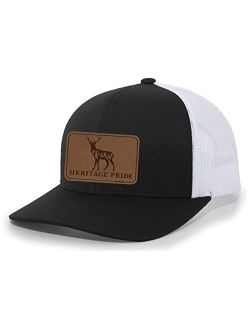 Scenic Deer Engraved Leather Patch Mens Trucker Hat Baseball Cap