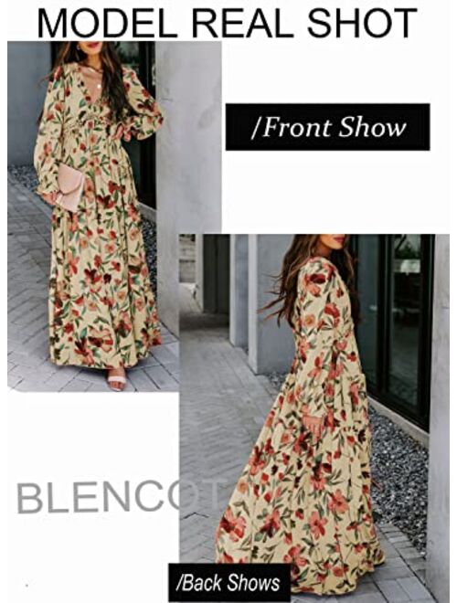 BLENCOT Womens Casual Floral Deep V Neck Long Sleeve Long Evening Dress Cocktail Party Maxi Wedding Dresses