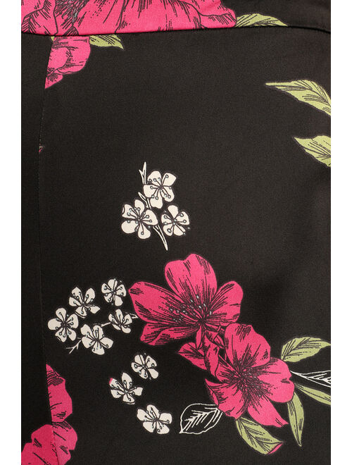 Lulus Thriving Vibes Black Floral Print Satin Wide-Leg Pants