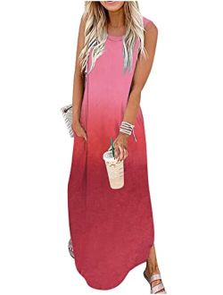 CHUNTIANRAN Women's Maxi Dress Summer Casual Sundress Sleeveless Long Dresses Hawaiian Beach Maxi Dress with Pockets