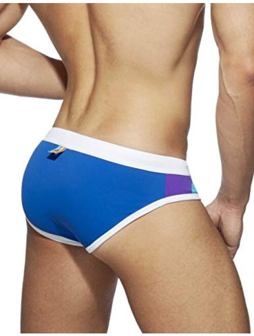 MIZOK Men's Rainbow Strips Nylon Bikini Swim Briefs Drawstring Sexy Low Rise Swimwear