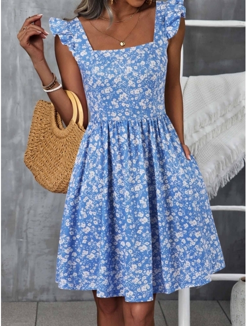 Loemes Summer Cute Floral Flowy Knee Length Sundressses Beach Dress for Women 2023