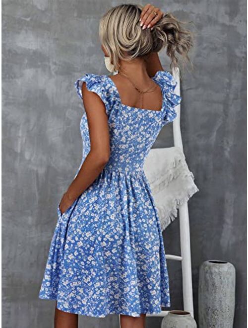 Loemes Summer Cute Floral Flowy Knee Length Sundressses Beach Dress for Women 2023