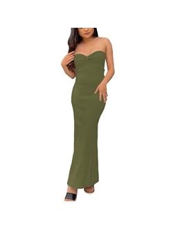 Sdencin Women Y2K Sexy Twist Knot Front Ribbed Knit Bodycon Bandeau Tube Dress Casual Solid Strapless Maxi Long Dress
