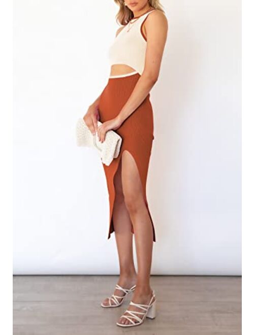 Pink Queen Women's Summer Cutout Midi Dress Crew Neck Sleeveless Tank Slit Ribbed Bodycon Dresses