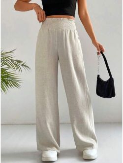 EZwear Solid Elastic Waist Straight Leg Pants