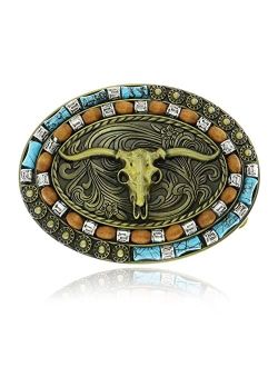 Rechicgu Oval Long Horn Bull Skull Belt Buckle Native American Vintage Turquoise Wooden Beads Western Cowboy Buckles for Men Gift