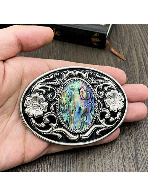 QUKE YOQUCOL American Western Cowboy Turquoise, Tiger Eye,Abalone Shell Pattern Stone Belt Buckle for Men