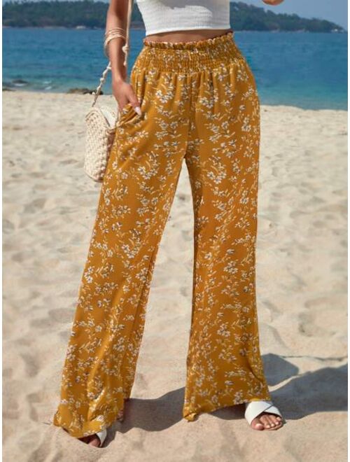 SHEIN VCAY Ditsy Floral Print Paperbag Waist Wide Leg Pants