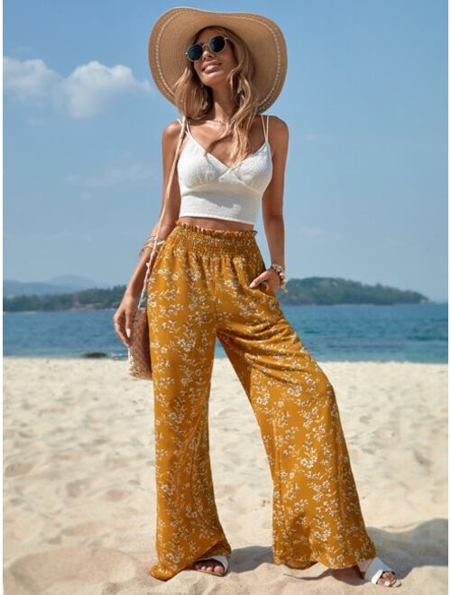 SHEIN VCAY Ditsy Floral Print Paperbag Waist Wide Leg Pants