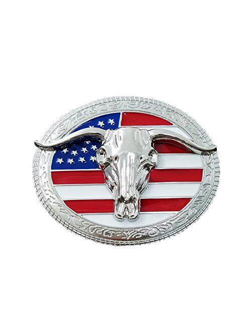YOQUCOL QUKE American Western Cowboy USA Flag Rodeo Long Horn Bull Belt Buckle