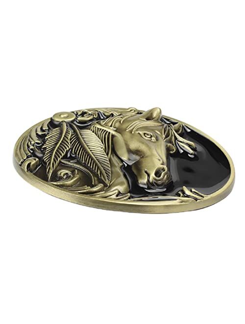 Longcreek Horse Belt Buckle for Men, Norse Viking Horse Head Oval Punk Rodeo Horse Engraved Feather Leaf Western Cowboy Belt Buckle