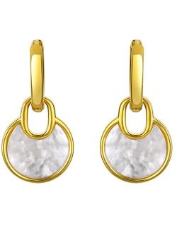 Yellow-Tone 925 Sterling Silver White Mother of Pearl Circle Drop Earrings for Women, Hypoallergenic Fine Jewelry
