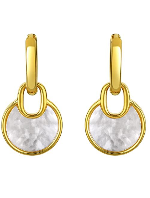 Peora Yellow-Tone 925 Sterling Silver White Mother of Pearl Circle Drop Earrings for Women, Hypoallergenic Fine Jewelry