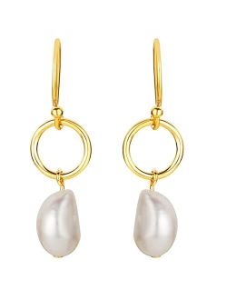 Freshwater Cultured Pearl Dangle Drop Earrings for Women in Yellow-Tone 925 Sterling Silver, Hypoallergenic Fine Jewelry