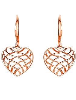 Rose Gold-tone 925 Sterling Silver Open Lattice Heart Drop Earrings for Women, Hypoallergenic Fine Jewelry