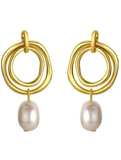 Freshwater Cultured Pearl Ring Drop Earrings for Women in Yellow-Tone 925 Sterling Silver, Hypoallergenic Fine Jewelry