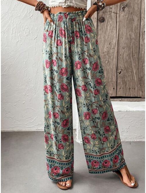 SHEIN VCAY Floral Print Tie Front Wide Leg Pants