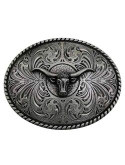 LAXPICOL Vintage Retro Western Cowboy Pattern Indian Bull Head Rodeo Belt Buckle For Men Grey Tone