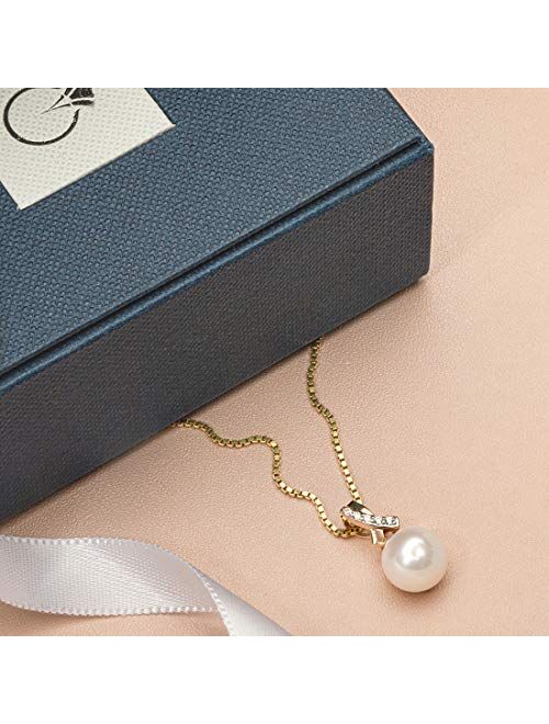 Peora Freshwater Cultured White Pearl Pendant in 14K Yellow Gold, Round Button Shape, 9mm Open Infinity Solitaire