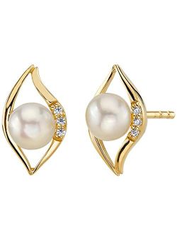 Freshwater Cultured White Pearl Stud Earrings in 14K Yellow Gold, Round Button Shape, 5mm Open Leaf Halo Solitaire Design, Friction Backs
