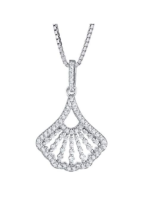 Peora Sterling Silver Pendant Necklace for Women, Scallop Shell Design with Cubic Zirconia, with 18 inch Chain