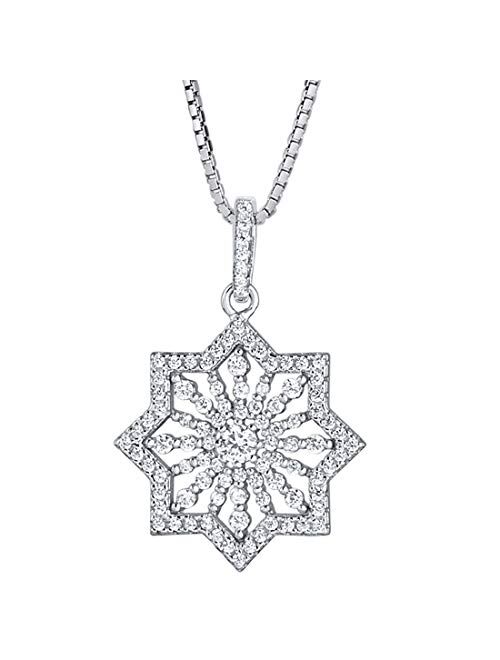 Peora Sterling Silver Pendant Necklace for Women, Modern Snowflake North Star Design with Cubic Zirconia, with 18 inch Chain