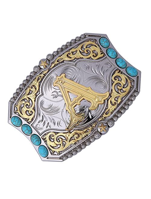 Btilasif Turquoise Belt Buckle Western Cowboy Rodeo Initial Letters ABCDEFG to Z Belt Buckle for Men