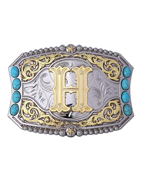 Btilasif Turquoise Belt Buckle Western Cowboy Rodeo Initial Letters ABCDEFG to Z Belt Buckle for Men