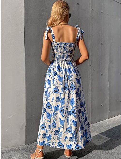 MakeMeChic Women's Summer Boho Dress Floral Print Spaghetti Strap Square Neck Shirred Maxi Dress Beach Sun Dress