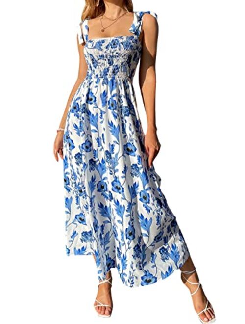 MakeMeChic Women's Summer Boho Dress Floral Print Spaghetti Strap Square Neck Shirred Maxi Dress Beach Sun Dress