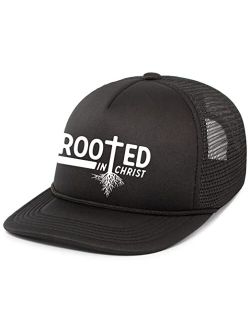 Mens Christian Rooted in Christ Embroidered Rope Hat Foam Front Mesh Back Trucker Hat