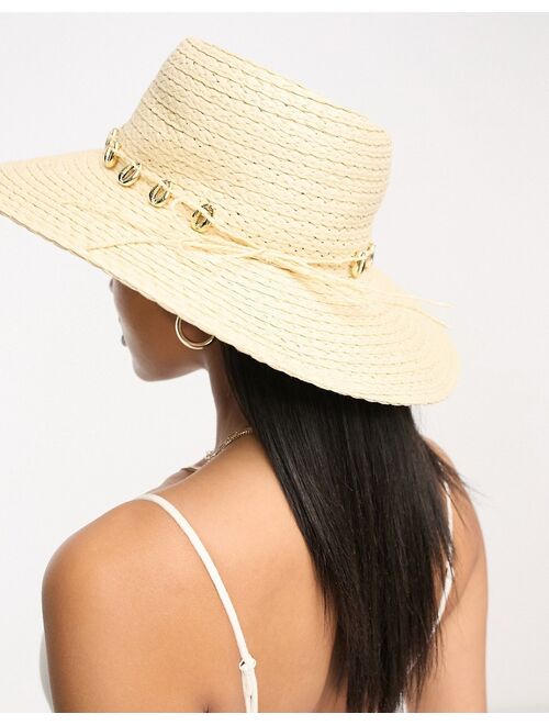 South Beach wide brim hat with gold seashell trim in cream