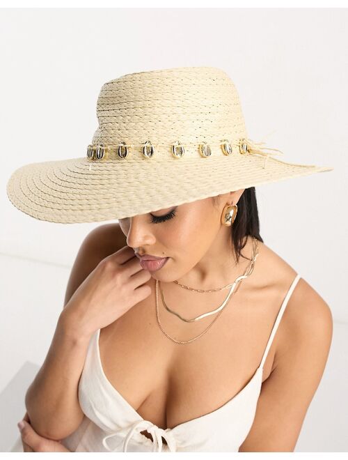 South Beach wide brim hat with gold seashell trim in cream
