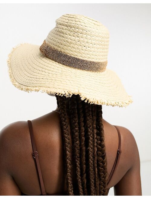 South Beach fedora hat with frayed edges and metallic band in gold and cream
