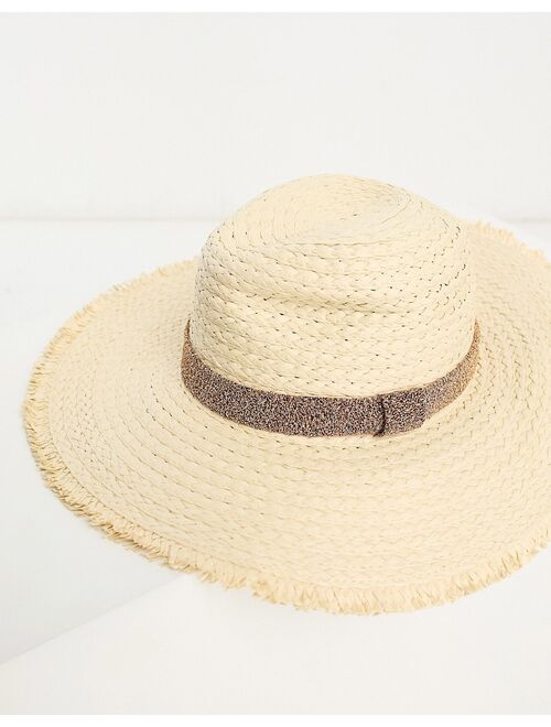 South Beach fedora hat with frayed edges and metallic band in gold and cream