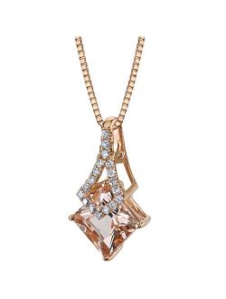 14K Rose Gold Morganite and Diamond Pendant for Women, Genuine Gemstone, 1.50 Carats Princess Shape with 18 inch Chain