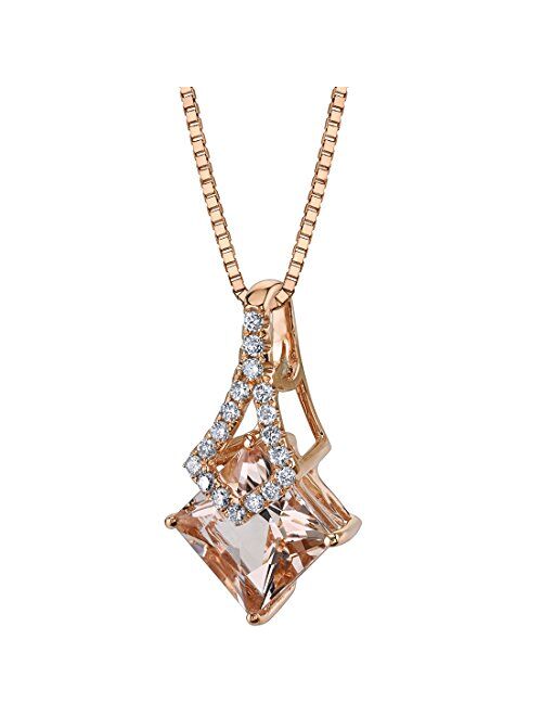 Peora 14K Rose Gold Morganite and Diamond Pendant for Women, Genuine Gemstone, 1.50 Carats Princess Shape with 18 inch Chain