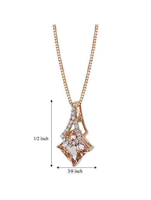 Peora 14K Rose Gold Morganite and Diamond Pendant for Women, Genuine Gemstone, 1.50 Carats Princess Shape with 18 inch Chain