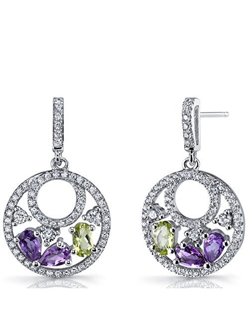 Peora Amethyst and Peridot Dangle Earrings in Sterling Silver, Designer Double Hoop Drops, 1.50 Carats total, Friction Backs